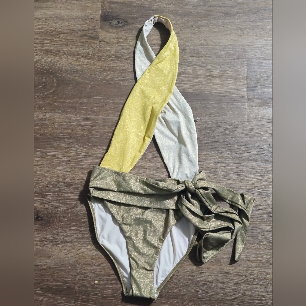 NWT PQ SWIM Alex Tricolor Halter One Piece Swimsuit Metallic Green Gold M - Picture 6 of 10